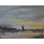 Watercolour of a landscape scene featuring a windmill by John Landrey