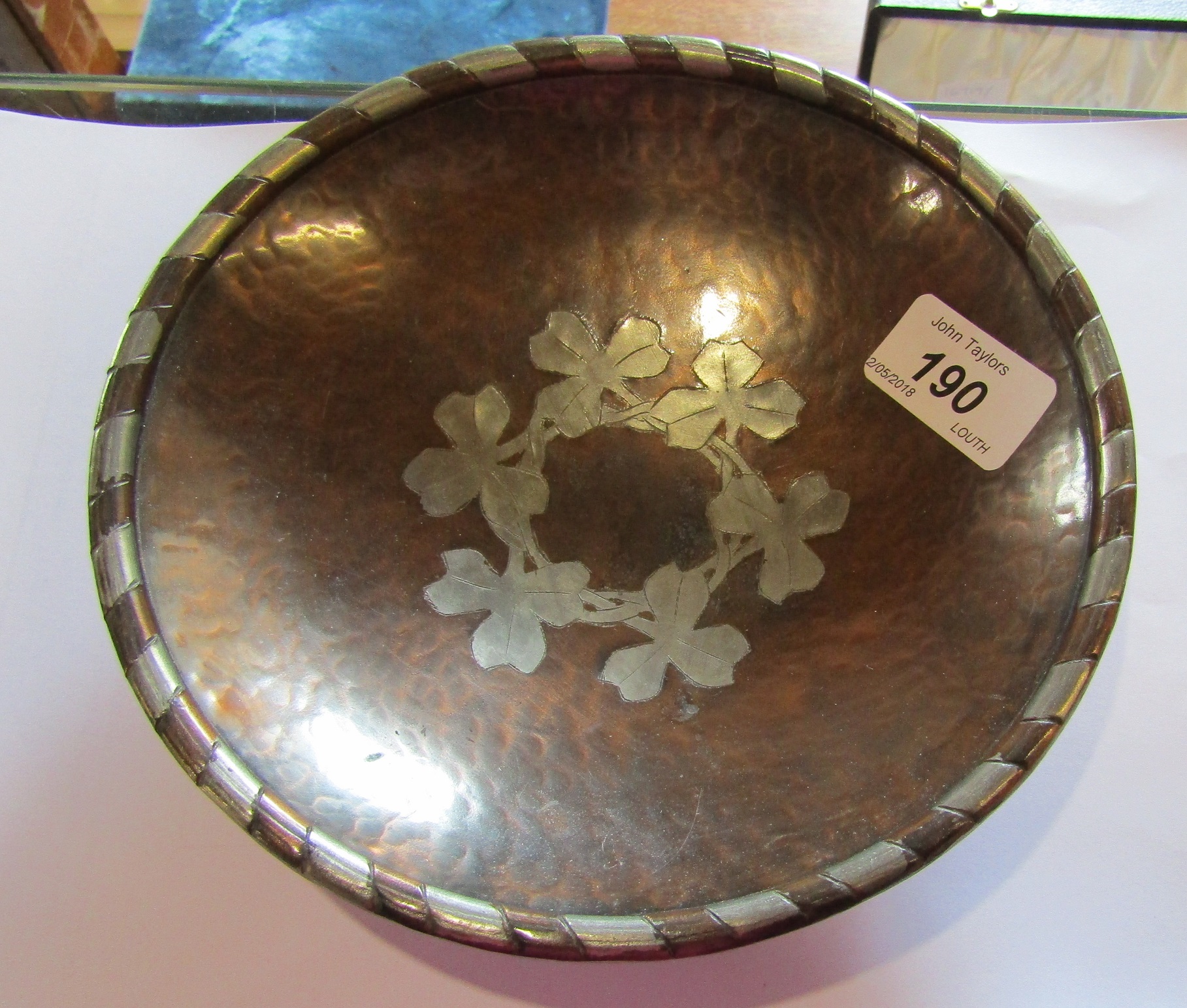 Arts & Crafts copper and pewter banded bowl with central clover motif, - Image 6 of 6