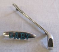 2 Charles Horner silver brooches 'Baby' and a golf club total weight 0.