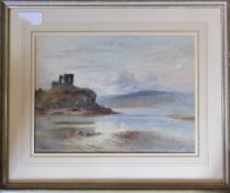 Watercolour of a loch and castle by R M Scott 69 cm x 58 cm
