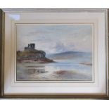 Watercolour of a loch and castle by R M Scott 69 cm x 58 cm