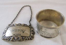 Silver napkin ring Chester 1908 weight 0.80 ozt & a silver 'Sherry' label Birmingham 1976 weight 0.