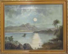 Oil on canvas of a moonlit lake scene 52 cm x 42 cm