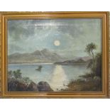 Oil on canvas of a moonlit lake scene 52 cm x 42 cm