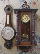 Vienna style wall clock with horse finial L 83 cm and a barometer (both af)
