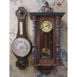 Vienna style wall clock with horse finial L 83 cm and a barometer (both af)