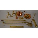Brass and copper including a small hunting horn, fire dogs, hearth tools,
