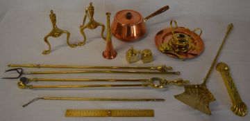 Brass and copper including a small hunting horn, fire dogs, hearth tools,