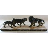 Cold painted bronze of a family of lions on marble base L 60 cm