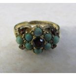 9ct gold turquoise and garnet ring size O/P weight 3.