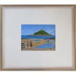 Cornish School painting of a beach scene at St Michaels Mount Cornwall signed Tim Treagust (b.