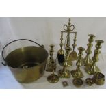 Assorted brassware inc candlesticks and jam pan