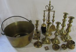 Assorted brassware inc candlesticks and jam pan