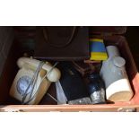 Suitcase of mixed items including retro rotary telephone,