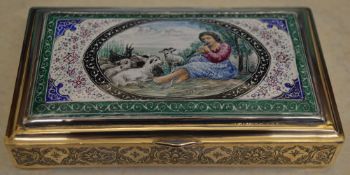 Persian / Anglo-Indian ornate white metal and enamel cigarette box,