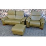 Stressless oliver green leather reclining 2 seater sofa and armchair with footstool