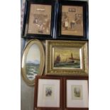 2 inlaid wooden pictures inc Darby & Joan by Alfred Harper and assorted prints