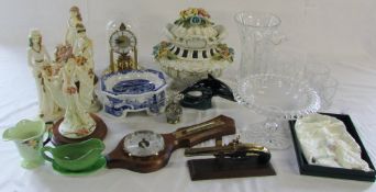 Selection of ceramics, carriage clock and glassware etc inc Capodimonte,
