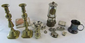 Selection of brassware inc candlesticks & miners lamp, silver plate inc small quantity of silver,