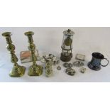 Selection of brassware inc candlesticks & miners lamp, silver plate inc small quantity of silver,