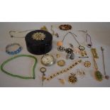 Various costume jewellery including a Waltham pocket watch and an ornate jewellery/trinket box
