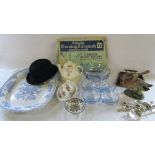 Crumb tray, meat plate, bowler hat, Alfred Meakin teapot, silver plate cutlery,