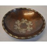 Arts & Crafts copper and pewter banded bowl with central clover motif,