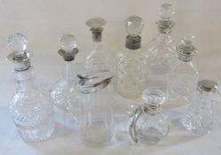 9 silver topped glass decanters (small) and bottles inc Birmingham 1989,