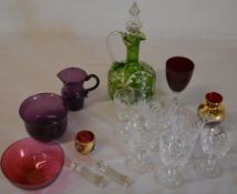 Various glassware including a 19th century green jug (AF) cranberry bowl,