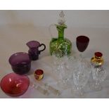 Various glassware including a 19th century green jug (AF) cranberry bowl,