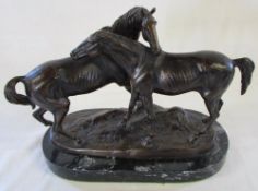 After P J Mene (1810-1879) horse bronze group 'L'Accolade' on marble base L 32 cm