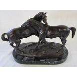 After P J Mene (1810-1879) horse bronze group 'L'Accolade' on marble base L 32 cm