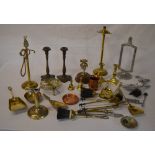 Various brass and copper including hearth tidy sets, candlesticks,