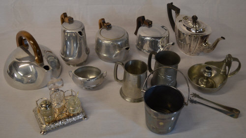 Picquot ware, pewter tankards,