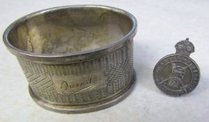 Silver napkin ring Birmingham 1935 & silver WWII lapel badge 'Regular Army Reserve of Officers'