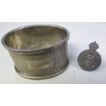 Silver napkin ring Birmingham 1935 & silver WWII lapel badge 'Regular Army Reserve of Officers'