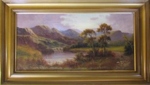 Oil on canvas of a mountainous scene with sheep in foreground by Sidney Yates Johnson (fl