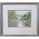 Watercolour of a country stream by Baz East (b.