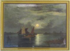 Oil on canvas of a moonlit fishing scene in the style of Pether signed lower right corner