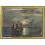 Oil on canvas of a moonlit fishing scene in the style of Pether signed lower right corner