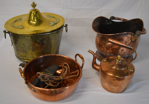 Brass coal box, copper coal scuttle, heavy copper pan,