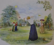 Colin Carr, framed watercolour of ladies playing golf,