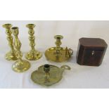 Wooden tea caddy & brass candlesticks etc