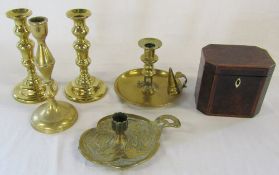 Wooden tea caddy & brass candlesticks etc