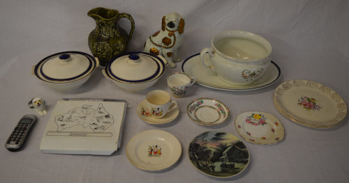 Various ceramics including two tureens, chamber pot,