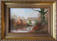 Oil on board of a riverside scene by Tony Malton 35 cm x 25 cm (size includes frame)