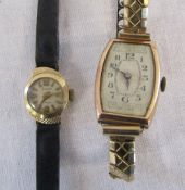 2 9ct gold ladies watches inc Accurist with leather strap and gold plated elasticated strap