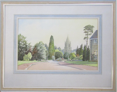 Watercolour of Barnack church by Cyril J Mayes,