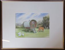 Watercolour painting of a Romany gypsy caravan and horse scene signed Lionel 64 cm x 50 cm (size