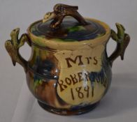 Victorian twin handled whieldon ware lidded pot,